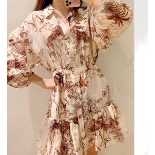 Womens vintage beach dress French brand printing stacking ruffled puff sleeve casual mini dress women