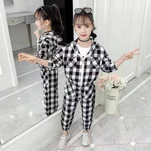 Children Spring Autumn Girl Clothes Kids Set Hooded Coats+ Pants 2 Pieces/Set Fashion New Plaid Style Girls Outfits Age For 4-13