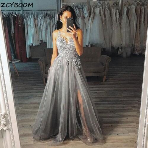 2021 Gray Split Prom Dresses Women Formal Party Night A-Line Vestidos De Gala Appliques Lace Sleeveless Tulle Long Evening Gowns