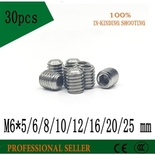 30Pc DIN913 M6 *5/6/8/10/12/16/20/25 304 Stainless Steel Thread Grub Flat Point Hexagon Socket Set Headless Screw