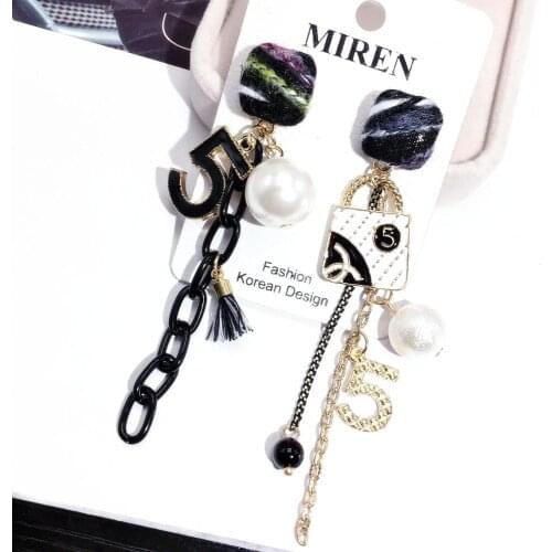 Asymmetrical Plush Stud Number 5 Earrings Chain Tassel Temperament Bag Long Pearl Pendant Exaggerated Five Star Angle Earrings