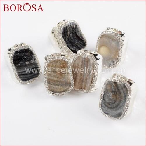 BOROSA Druzy Freeform Brazilian Galaxy Quartz Silver Plated Band Ring Crystal Paved Zircons Natural Quartz Rings Jewelry JAB917
