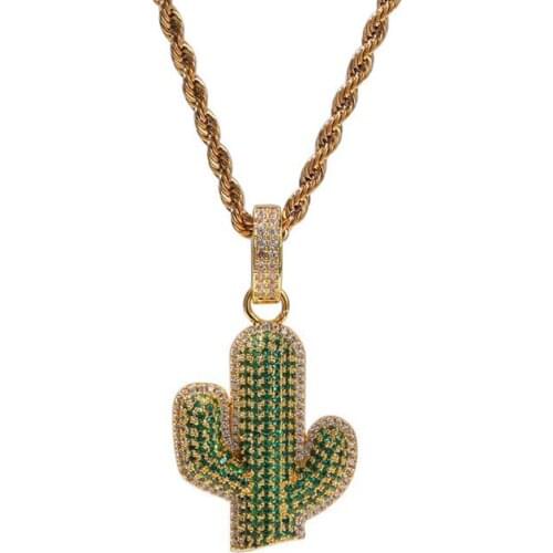 Hip Hop Iced Out Gold Cactus Desert Pendant Necklace Jewelry Gift For Him with Rope Chain