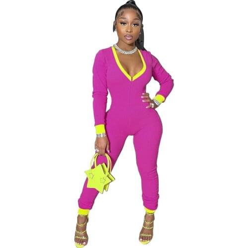 Color Patchwork Sporty Casual Jumpsuit V Neck Long Sleeve Bodycon Romper Club Overall Workout Outdoor Wear One Piece