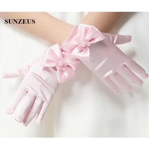 Flower Girls Short Gloves Pink Children Gloves For Wedding Party Cute Bow Gloves BV-014