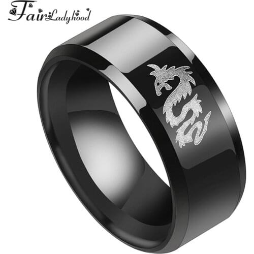 FairLadyHood 8mm Dragon Ring Stainless Steel Wedding Bands Chinese Loong Engrave Ring For Men Birthday Jewelry Drop Shipping