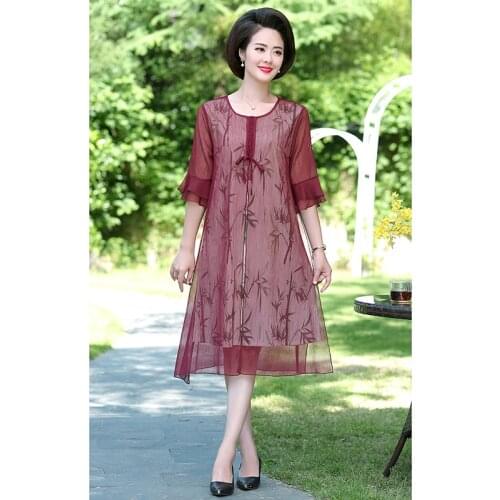 Summer vestidoidos mother round neck large size mesh printing fake two-piece trumpet sleeve elegant noble fashion dress D176