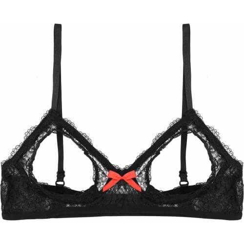 Hot Sexy Women Lingerie Black Floral Lace Open Cups Triangle Bralette Wire-free Unlined Cupless Erotic Bra Top Nightwear