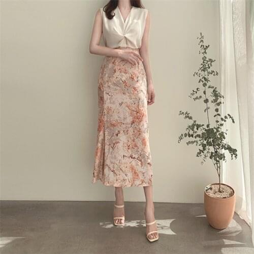 Limiguyue Summer Women French Style Vintage Floral Print Chiffon Midi Skirt High Waist Elegant Office Lady Split Hip Skirts K773