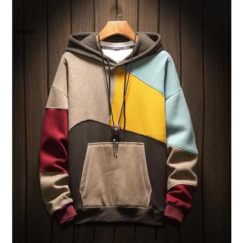 Mens Hoodies Sweatshirts Plus Size Patchwork Contrasted Color Casual Hooded Shirt Men Pullover Hip Hop Hoody
