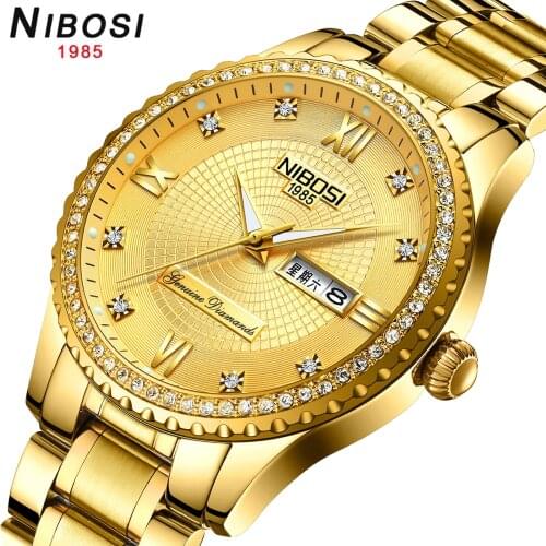 NIBOSI Crystal-Studded Gold Mens Watch with Stainless Steel Band Top Luxury Brand Chronograph Watch Men Relogio Masculino Gift