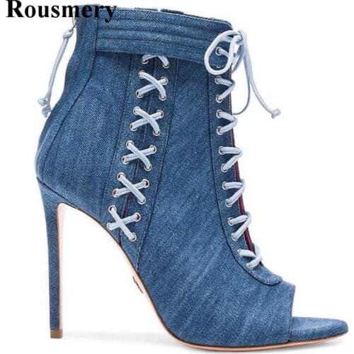 New Design Women Fashion Open Toe Denim Ankle High Heel Boots Lace-up Cut-out Jean Gladiator Boots Thin Heel Boots