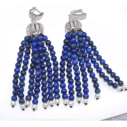 One pair lapis lazuli round 3mm and freshwater pearl white rice drop earrings hook wholesale beads