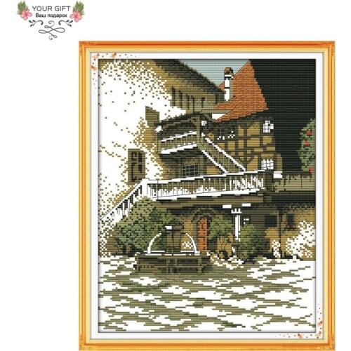 Joy Sunday Fountain Lodge Home Decor F727 Counted Stamped Old Building Needlework Needlepoint Embroidery DIY Cross Stitch kit