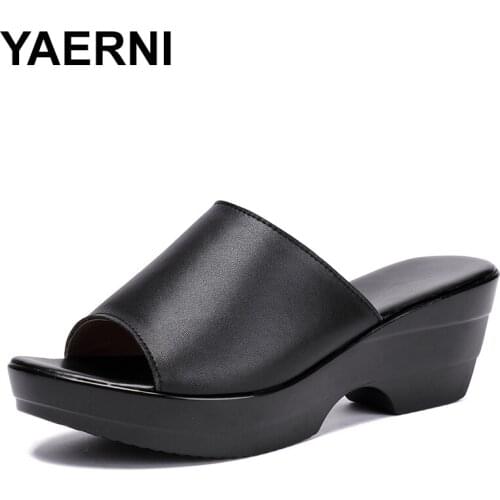 YAERNISummer Leather Slippers Getting High Heel Shoes Mother Wedge Large Size 41-Middle Ages 43 Slippers "Women Sandals