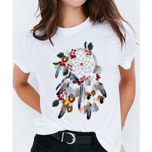 T Shirt for Women 90s Kawaii Feather Floral Feather Fashion Print Lady T-shirts Top Womens Stylish Ladies Sweet Tee T-Shirt