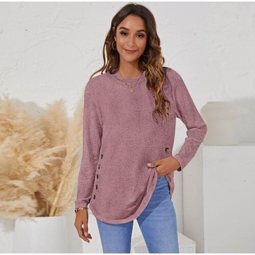 Autumn Winter New O-neck Women Casual Simple Button Long Sleeve T-shirt Top Solid Color Loose Fashion Pink Black Pullover Female