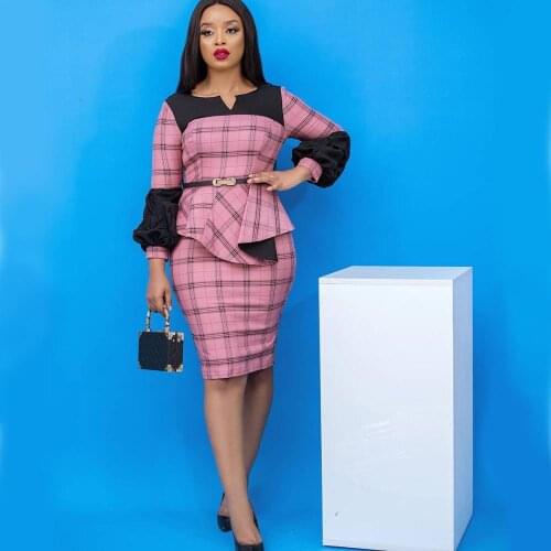 DPSDE 2020 women fashion new high street style short dresses long sleeve round neck dresses plaid knee-length dresses