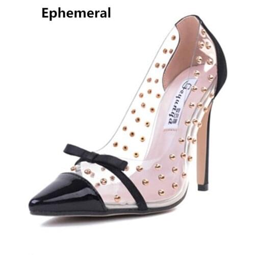 Lady Cheap Big Size35-41Fashion Sexy Rivets Bow Retro Clear Pointed Closed Toe Thin High Heels Single Shoes Women Pumps Party