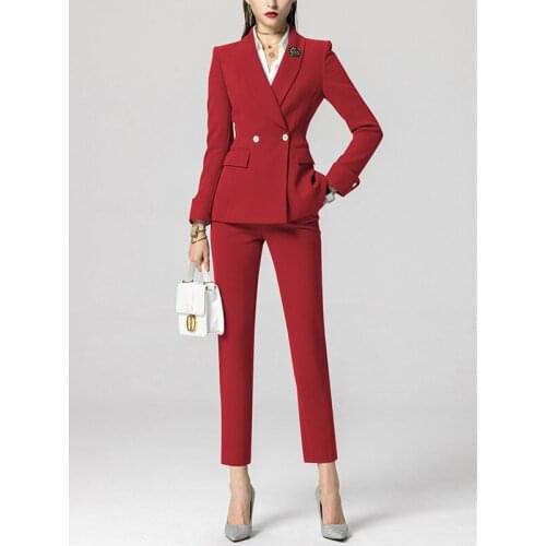 Womens Two Piece Pants Elegant Women Pant Suits Double-breasted Blazer Jacket High Waist 2 Pieces-set Office Lady Style Work