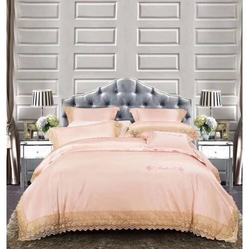Noble 100S Egyptian cotton Pink Tencel Silky Bedding set Queen King Luxury Lace Edge Royal Duvet cover Bed sheet set Europe 4pcs