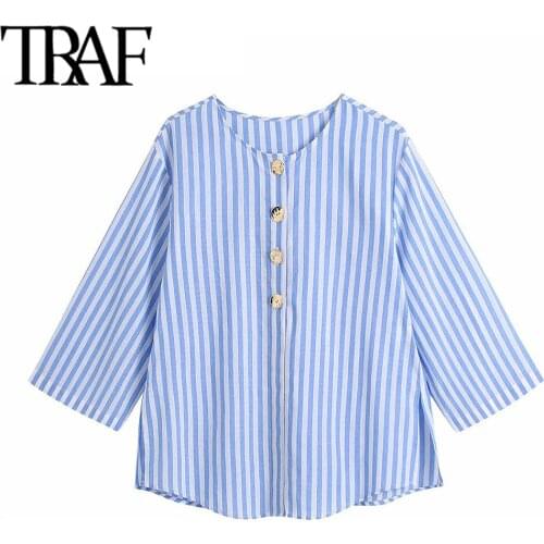 TRAF Women Fashion With Buttons Striped Linen Blouses Vintage Three Quarter Sleeve Side Vents Female Shirts Chic Tops