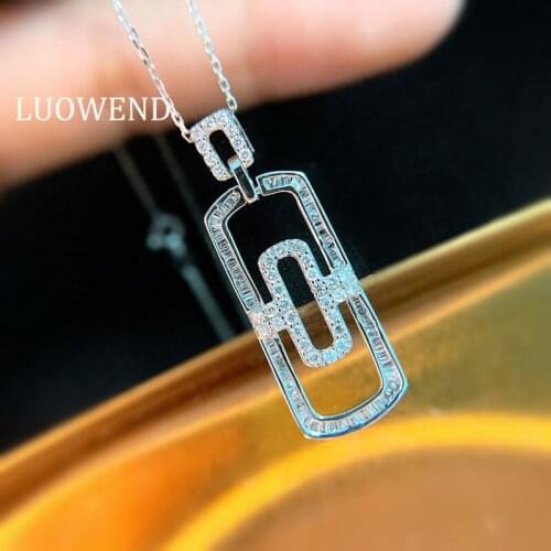 LUOWEND Solid 18K White Gold Pendant Necklace Real Natural Diamond Pendant Fashion Paper Clip Shape Women Wedding Necklace