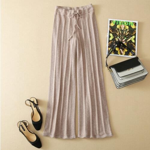 European fashion womens autumn winter casual wide leg pants high quality 100% cashmere knitted trousers