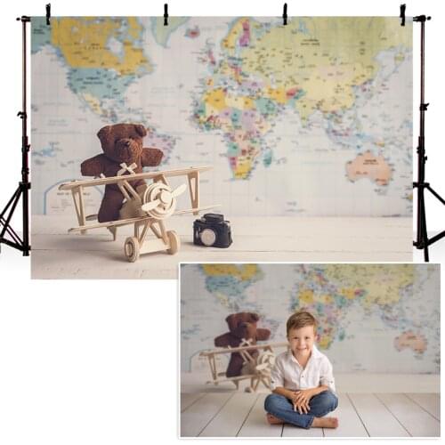 Newborn World Map Photography Background Airplane Model Toy Bear Camera Backdrop Baby Shower Decoration Banner For Photo Studio