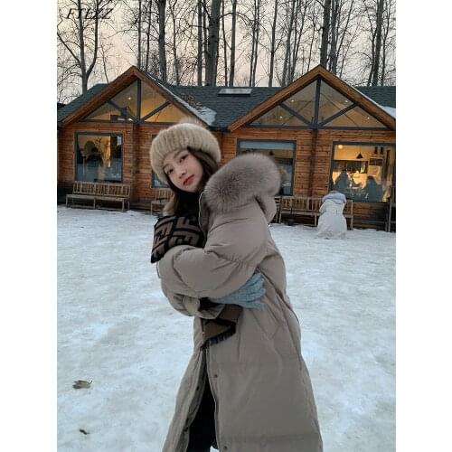 FTLZZ Winter Women Fashion Real Fox Fur Collar Long Jacket Lady Jacket and Coat for Pink Casual Coat Bubble Whiter Down Outwear