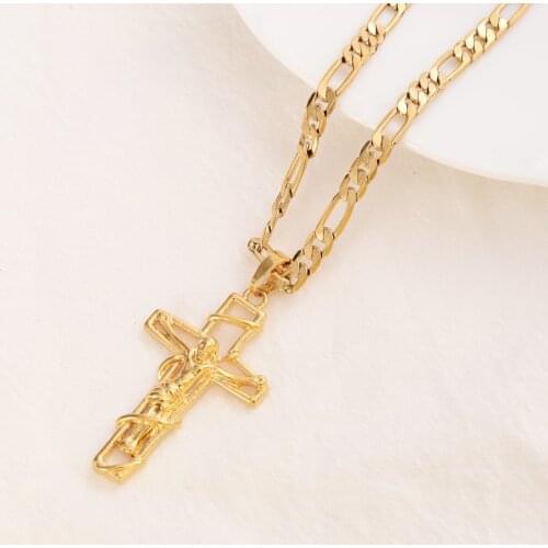 G/F Gold Cross Pendant Jesus Crucifix Frame Italian Figaro Link Chain Necklace 9 k Solid Fine Yellow THAI BAHT
