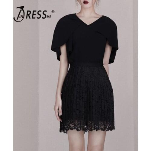 INDRESSME 2019 New Sexy Short Sleeves V Neckline Tops With Lace Mini Pleated Skirt Casual Style