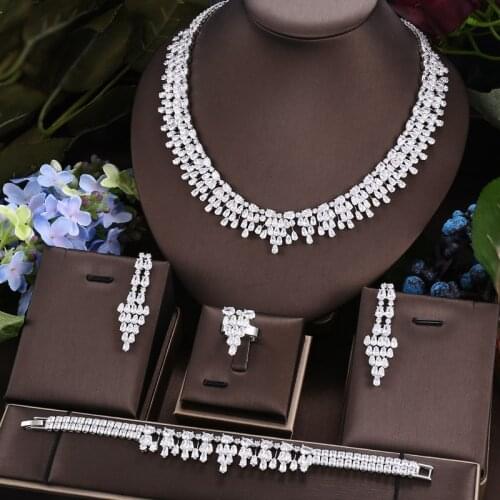 Janekelly 4pcs Bridal Zirconia Full Jewelry Sets For Women Party, Luxury Dubai Nigeria CZ Crystal Wedding Jewelry Sets