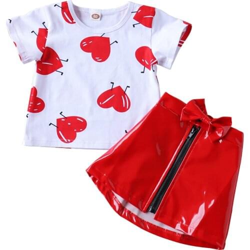 New Arrival Cute Heart Pattern Short T-Shirt and PU Leather Skirt Suit Summer Clothing Child Girl 1-6 Year