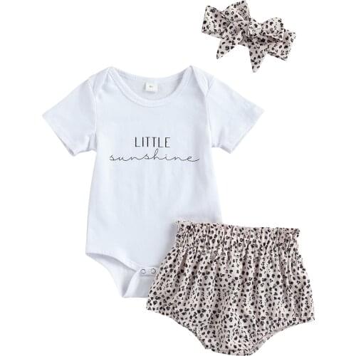 Citgeett Summer Infant Baby Girls Outfits Letter Print Short Sleeves Romper + Leopard Print Shorts + Headband Set 0-18Months