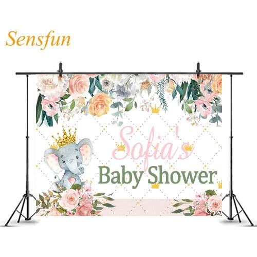LEVOO Custom Backdrop Baby Shower Elephant Crown Flowers Grid Photography Background Photocall Photo Studio Shoot Props Vinyl