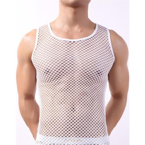 Sexy Men Tank Tops Underwear See Through Undershirts Sleeveless Muscle Fitness Mesh Shirt Fishnet T-shirts Casual Sport Vest Men