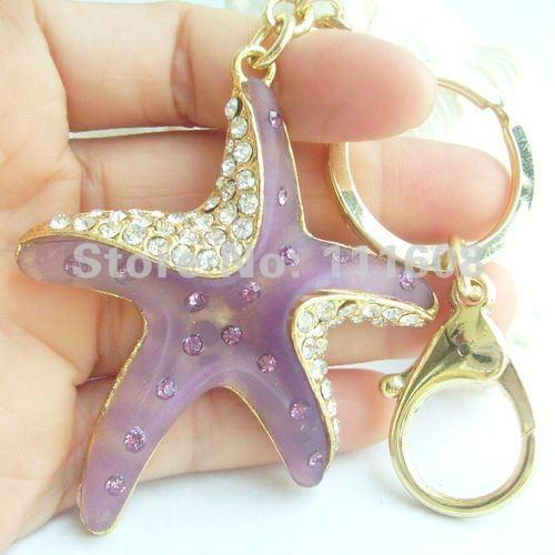 Lovely Purple Starfish Key Chain w Clear Rhinestone Crystals JCX10005C2