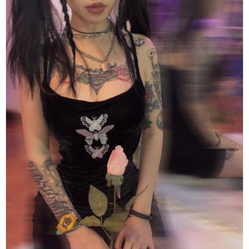 2019 Fashion Harajuku punk cute retro butterfly embroidery velvet dress black sexy strap dress