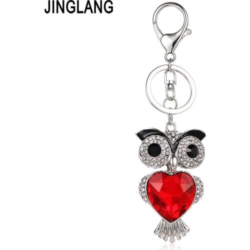 JINGLANG Fashion Silver Color Lobster Clasp Metal Keyring Dangle Crystal 3D Owl Charms Keychains For Men Luxury Bag Jewelry