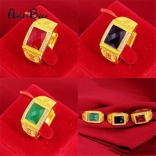 Vietnam 24K Brass Gold Men Ring Gemstones Open Ring Alluvial Gold No Fade Fashion Jewelry Accessories Wholesale