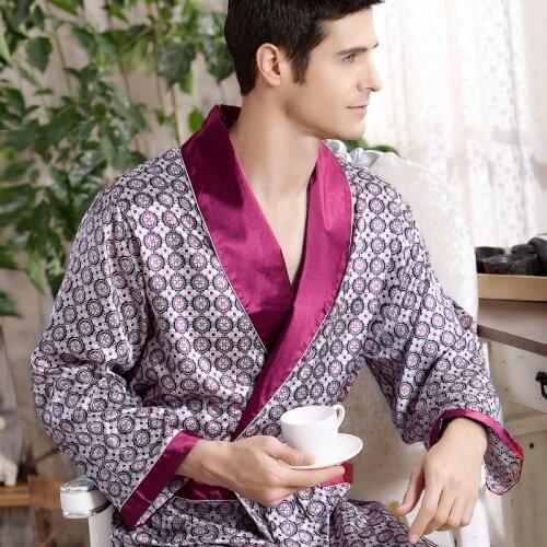 Oversize Bath Robe Men Long Sleeve Mens Bathrobe Imitate Silk Nightgown Sleep Tops Kimono Men Home Bath Gown Male Printed Robes