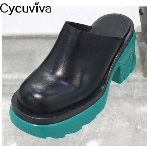 Luxury Brand Chunky Heel Mules Women Shoes Slip On Genuine Leather Slippers Platform Shoes Round Toe Designer Shoes Women Summer
