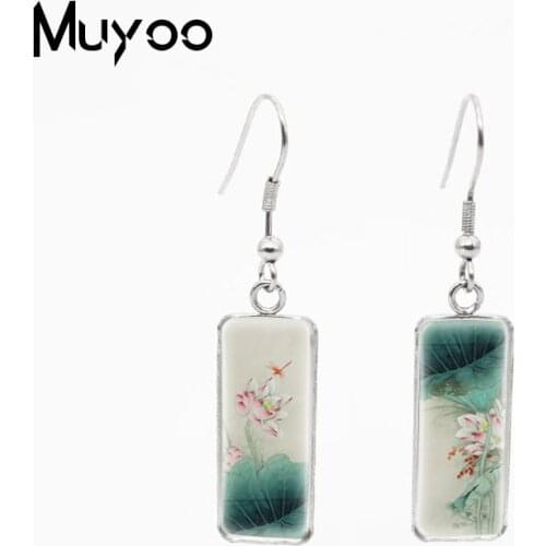 New Arrival Traditional Chinese Landscape Painting Handcraft Rectangle Glass Cabochon Fish Hook Dangle Earrings