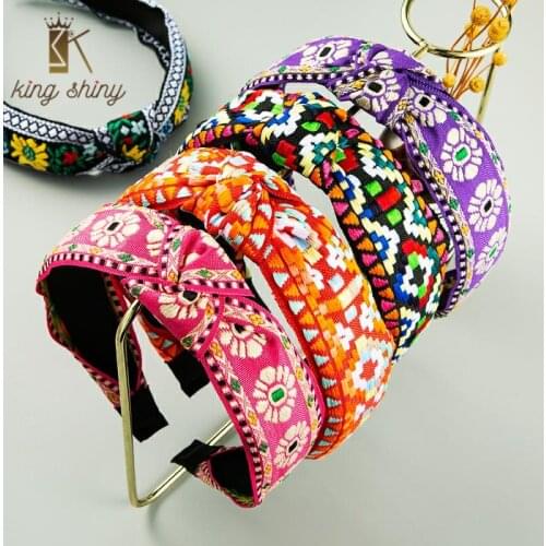 Elegant Ethnic Embroidery Flower Headband for Woman Vintage Hand Made Geometric Pattern Hairband Woman Party Hair Accessories