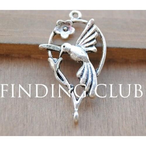 30 pcs Silver Color hummingbird drinking nectar from a flower Charm 35x21mm A280