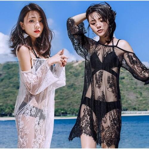 Sexy beach seaside holiday skirt perspective mesh transparent long skirt swimsuit cover-up hollow sunscreen beach coverups