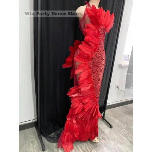Feather Pearl Sexy lady Body-protecting Long Skirt Stage Show Catwalk Costume Banquet Costumes