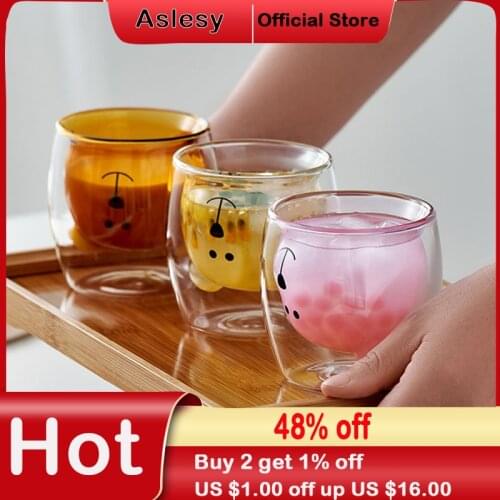 Double Wall Glass Mugs Bear Cat Dog Animal Double-Layer Glass Mug Coffee Cup Kids Christmas Mug Gift Cute Milk Drinkware