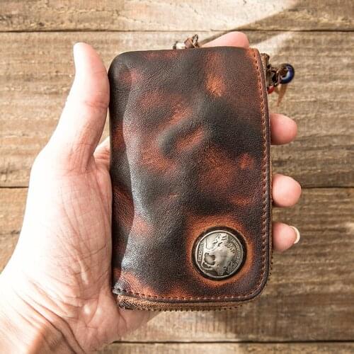 First layer vegetable tanned leather key bag mens retro handmade leather bag zipper car key bag card bag coin purse women